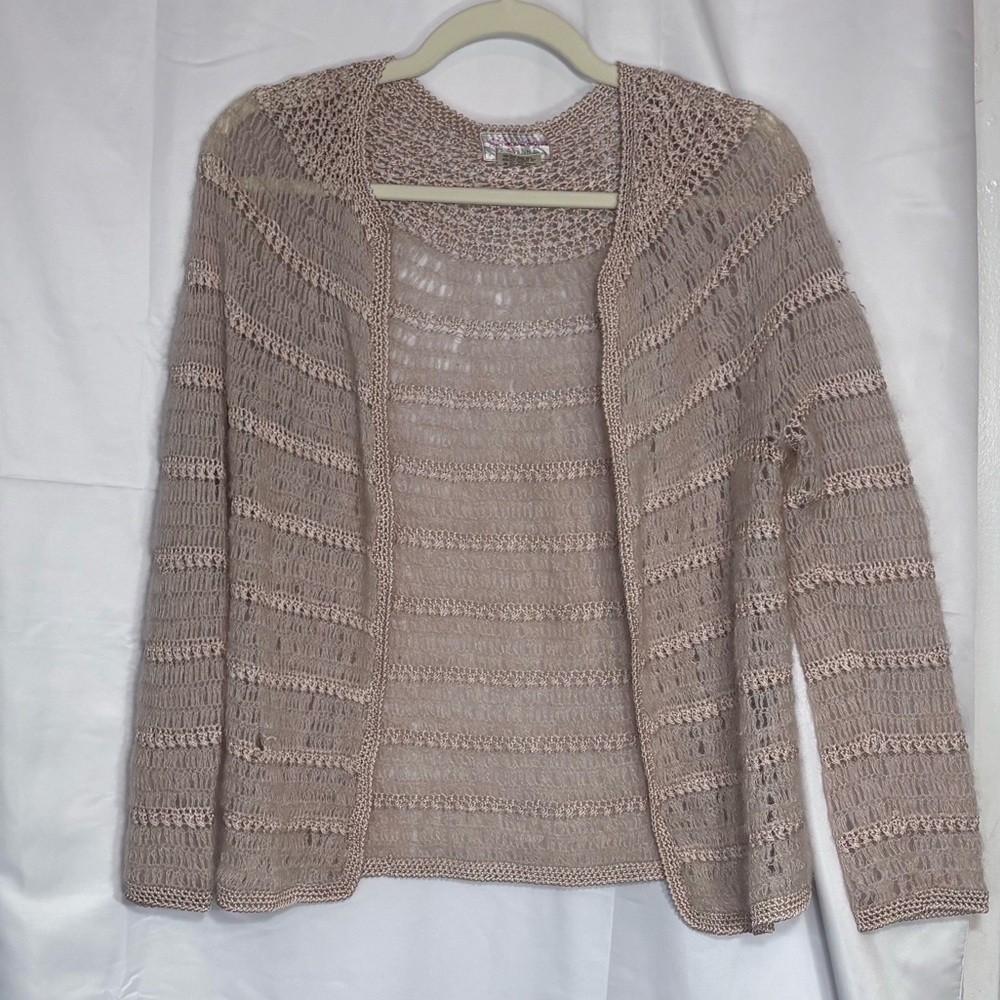 Vintage Snow Lotus Hand Knit Mohair Cardigan S Blush Open Crochet